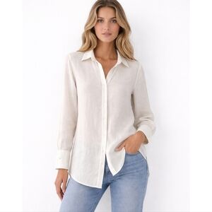 VENROY Womens 100% Linen Shirt size Small Bone Color Relaxed Fit Coastal Girl